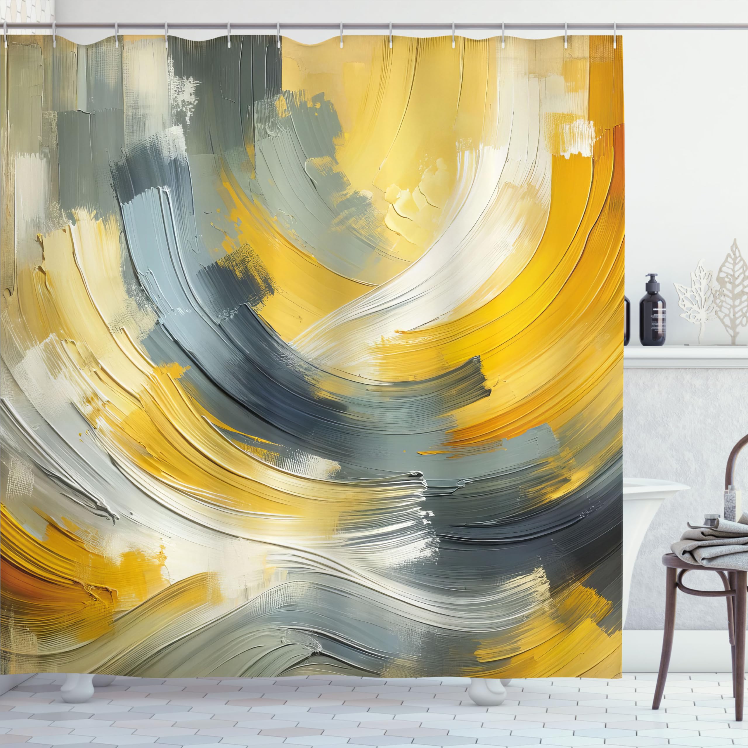 Ambesonne Yellow Shower Curtain, Contemporary Abstract Art Design Brush Strokes Look Composition Print, Cloth Fabric Bathroom De